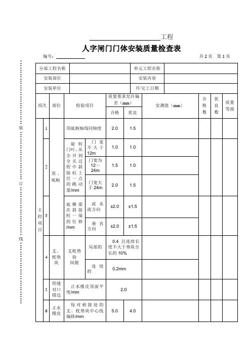 人字闸门门体安装质量检查表