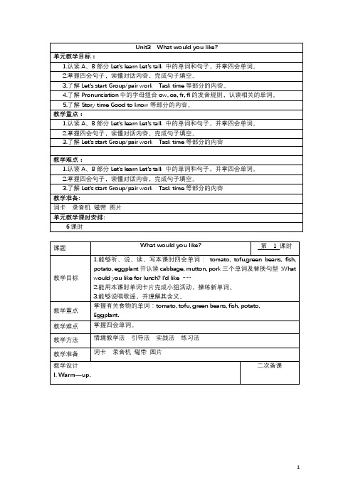 人教版五年级英语上册第三单元教案