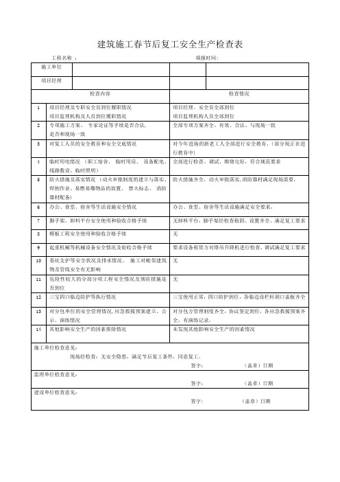 建筑施工春节后复工安全生产检查表