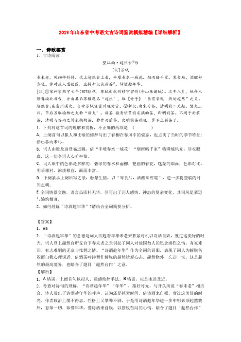 2019年山东省中考语文古诗词鉴赏模拟精编【详细解析】