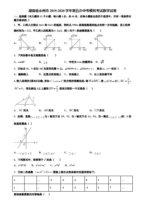 湖南省永州市2019-2020学年第五次中考模拟考试数学试卷含解析