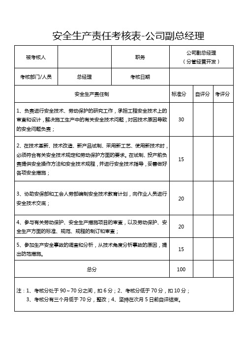 建筑工程副总经理项目安全生产责任考核表模板