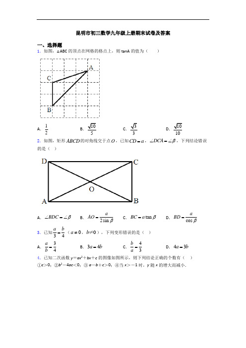 昆明市初三数学九年级上册期末试卷及答案