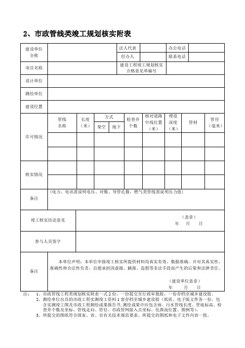 市政管线、交通类竣工规划核实表
