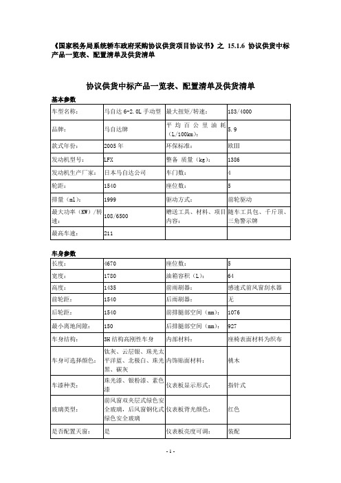 协议供货中标产品览表配置清单及供货清单 