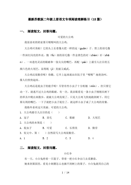 最新苏教版二年级上册语文专项阅读理解练习(15篇)