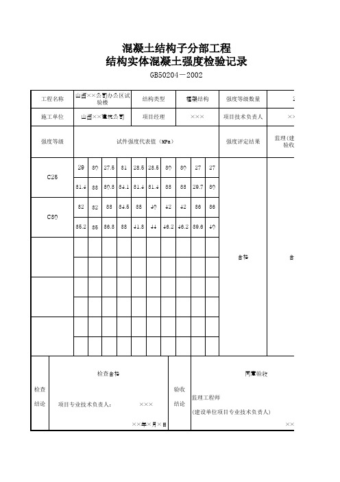 结构实体混凝土强度检验记录