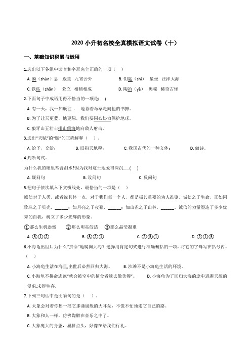 六年级下册语文试题--2020小升初名校全真模拟试卷(十) 部编版(含答案)