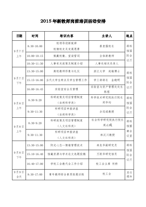 2015年新教师岗前培训活动安排