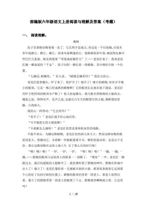 部编版六年级语文上册阅读与理解及答案(考题)