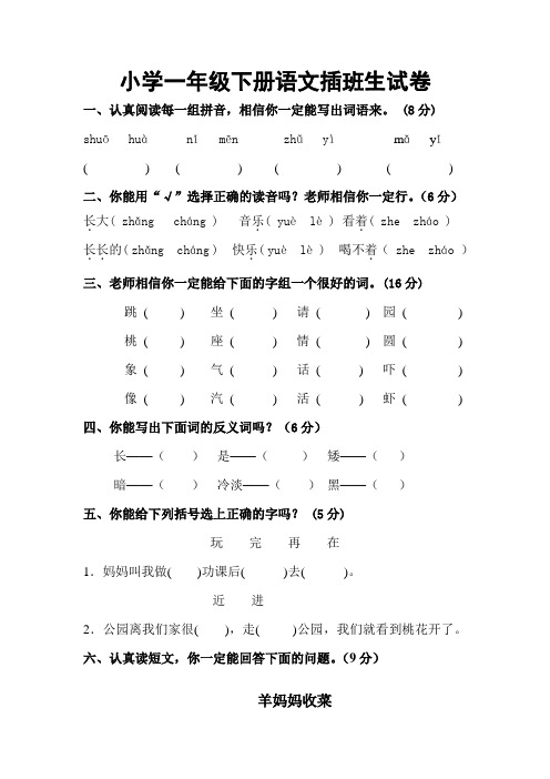 小学一年级下册语文插班生试卷