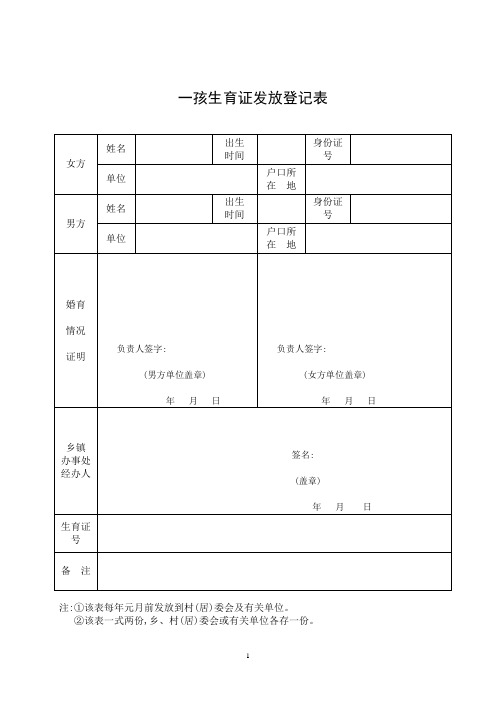 一孩生育证发放登记表