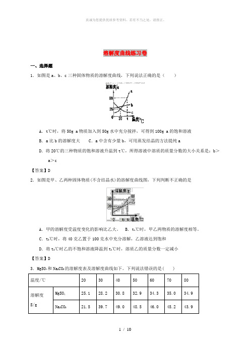 中考化学 溶解度曲线专题练习卷