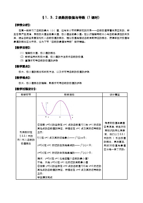 人教A版选修1-1教案：3.2函数的极值与导数(含答案)