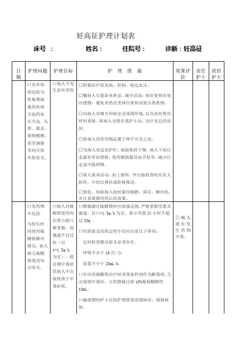 妊高征护理计划单
