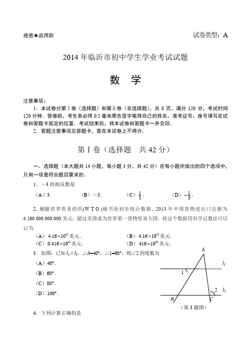 山东省临沂市2014年中考数学试题及答案【Word版】
