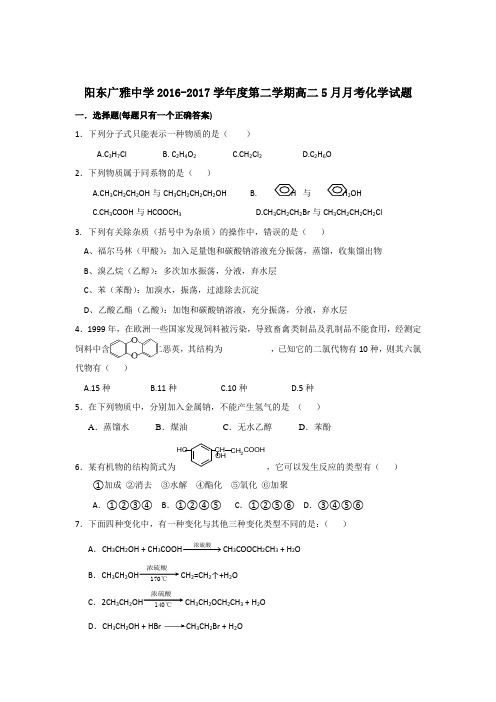 广东省阳东广雅学校2016-2017学年高二5月月考化学试题