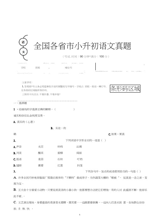 【小升初】2020年吉林省辽源市小升初语文毕业会考试题含答案(全网唯一)