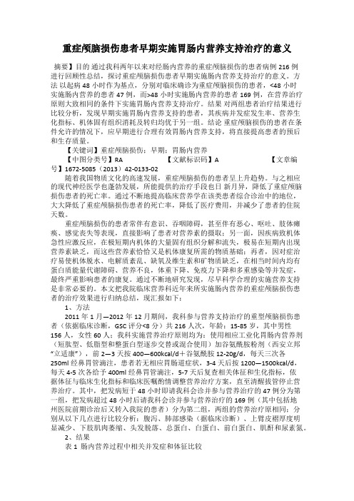 重症颅脑损伤患者早期实施胃肠内营养支持治疗的意义