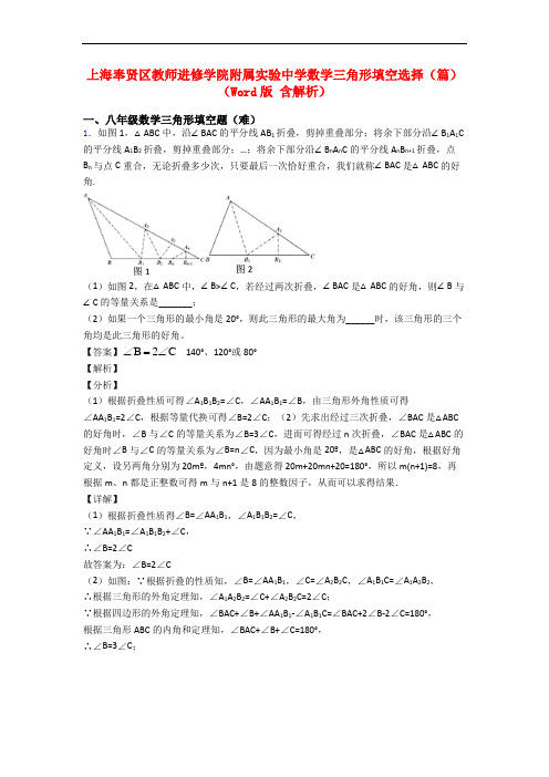 上海奉贤区教师进修学院附属实验中学数学三角形填空选择(篇)(Word版 含解析)