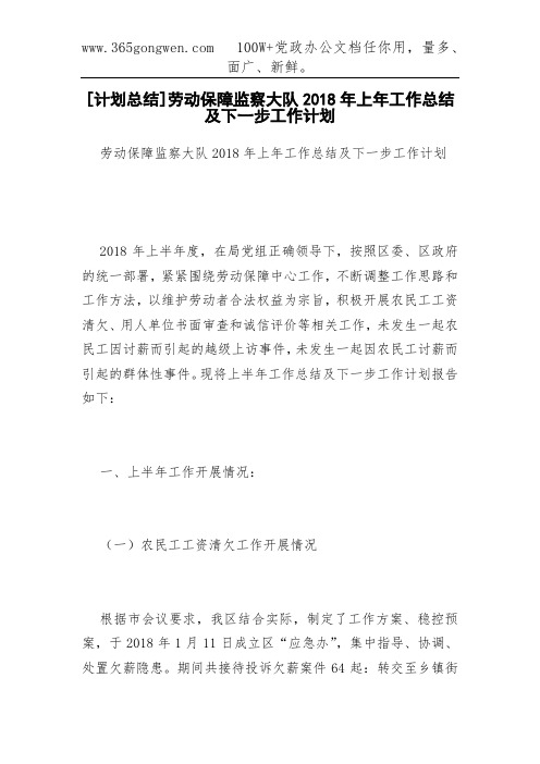 [计划总结]劳动保障监察大队2018年上年工作总结及下一步工作计划