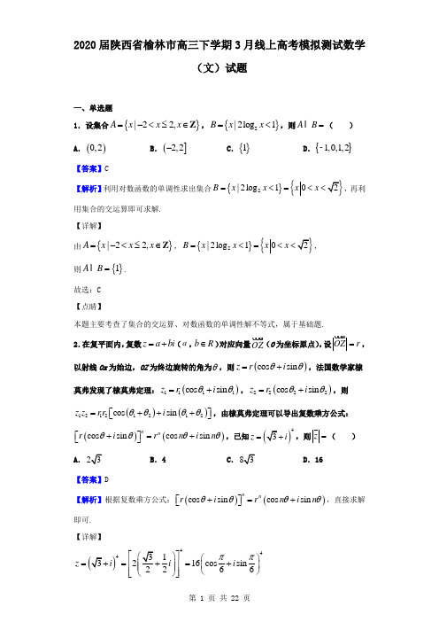 2020届陕西省榆林市高三下学期3月线上高考模拟测试数学(文)试题(解析版)