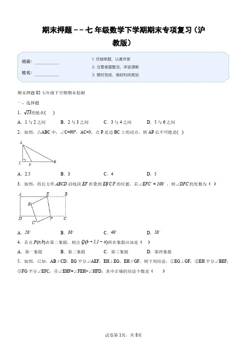 期末押题--七年级数学下学期期末专项复习(沪教版)