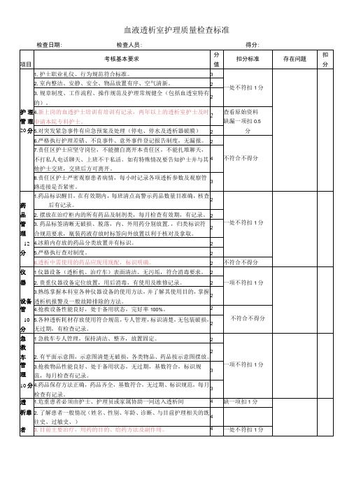 血透室护理质量检查标准