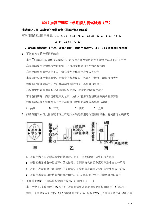 湖北省沙市中学2019届高三理综上学期能力测试试题(三)(含参考答案)