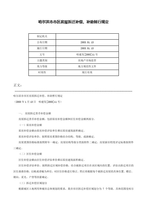 哈尔滨市市区房屋拆迁补偿、补助暂行规定-哈建发[2003]11号