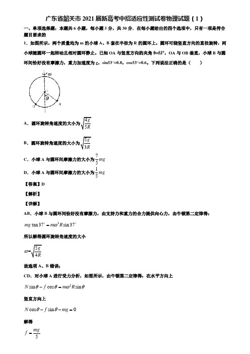 广东省韶关市2021届新高考中招适应性测试卷物理试题(1)含解析