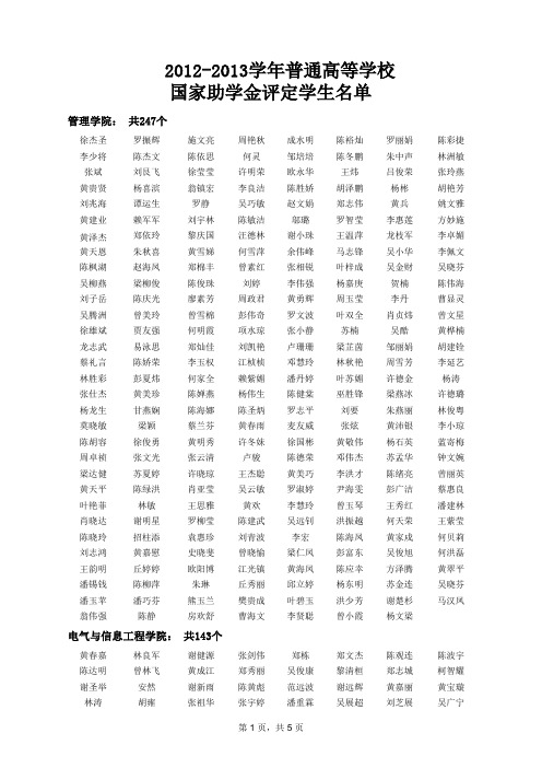 白云学院学[2012]36号(关于公布2012年度国家奖学金、励志奖学金、助学金名单的通知)