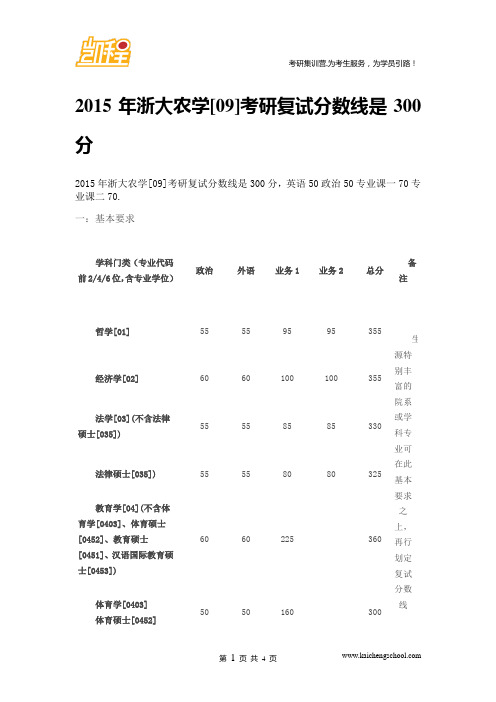 2015年浙大农学[09]考研复试分数线是300分