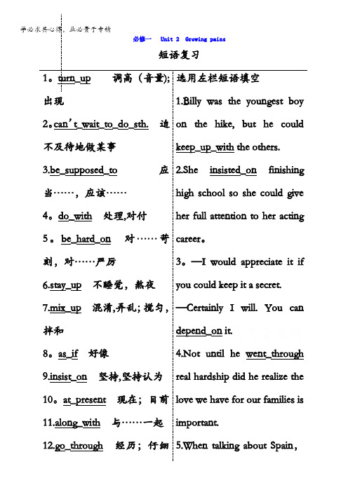江苏省徐州市王杰中学2017届高三英语复习：M1Unit2短语