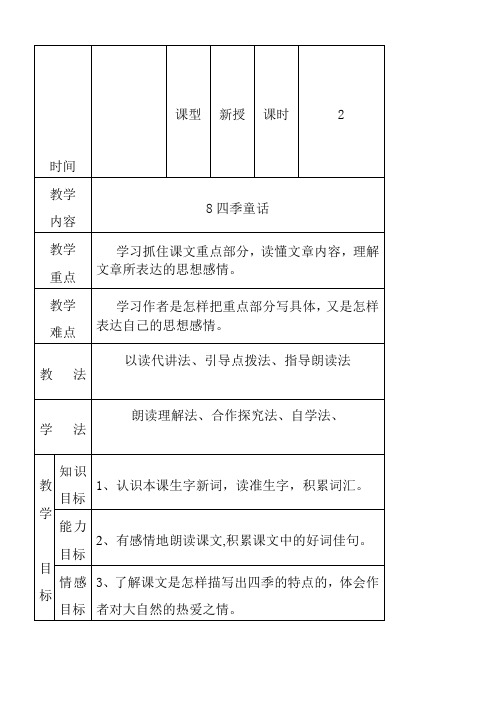 最新小学语文版S版四年级语文上册 8 (教案)四季童话教案2