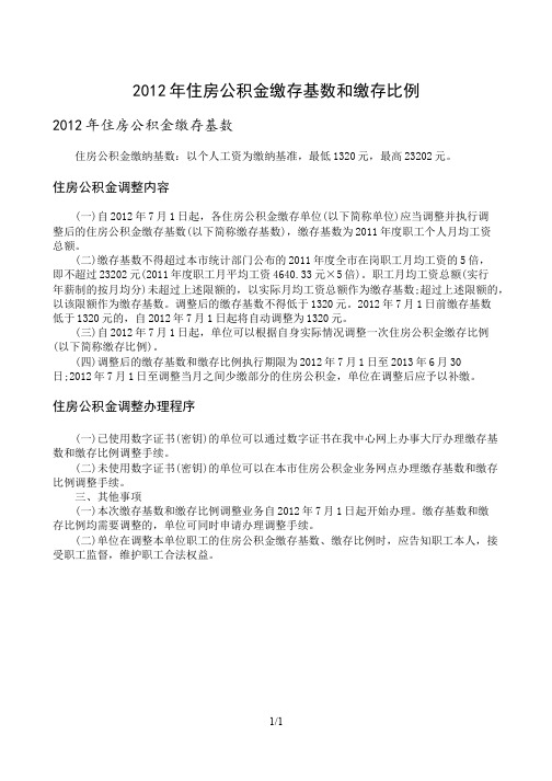 2012年住房公积金缴存基数和缴存比例