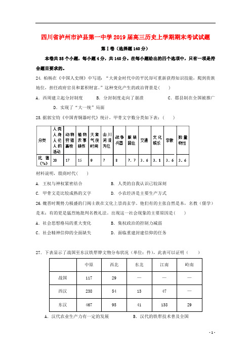 四川省泸州市泸县第一中学2019届高三历史上学期期末考试试题2019022602106