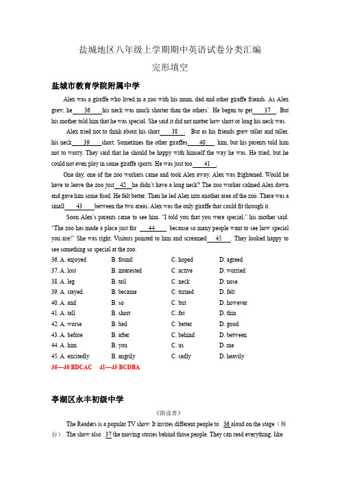盐城地区2017-2019年上学期八年级英语期中试卷分类汇编：完形填空(含答案)