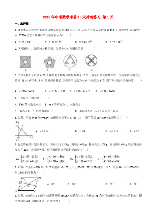 2018年中考数学考前15天冲刺练习试卷第1天