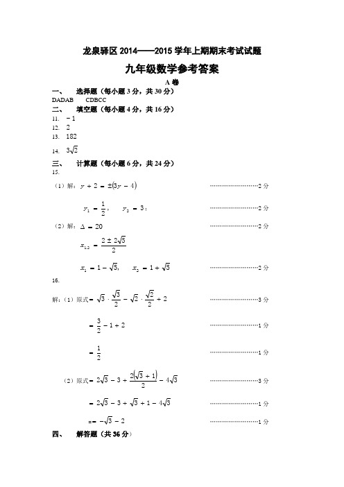 龙泉驿区2014-2015学年上期期末九年级试题参考答案