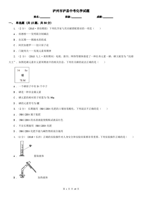 泸州市泸县中考化学试题 