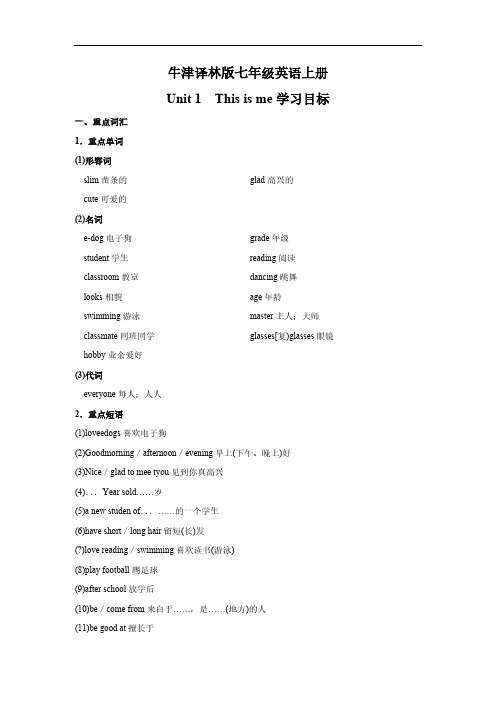 牛津译林版七年级英语上册Unit 1  This is me 重点词汇 重点短语 重要句型和核心语法