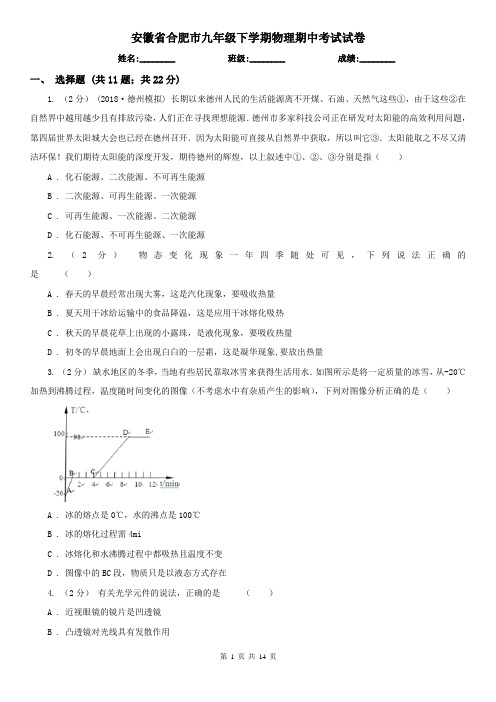 安徽省合肥市九年级下学期物理期中考试试卷