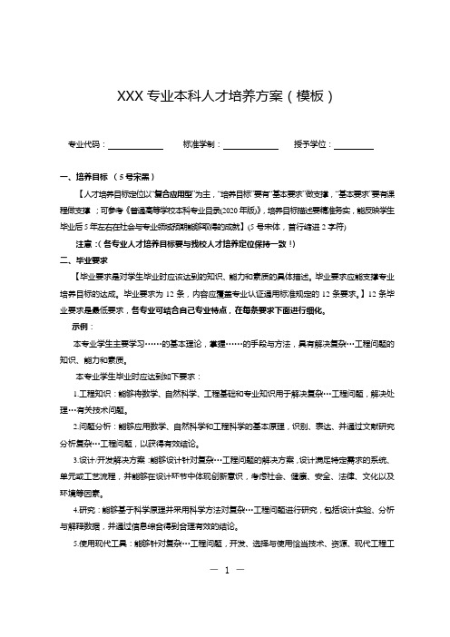 XXX专业本科人才培养方案(模板)