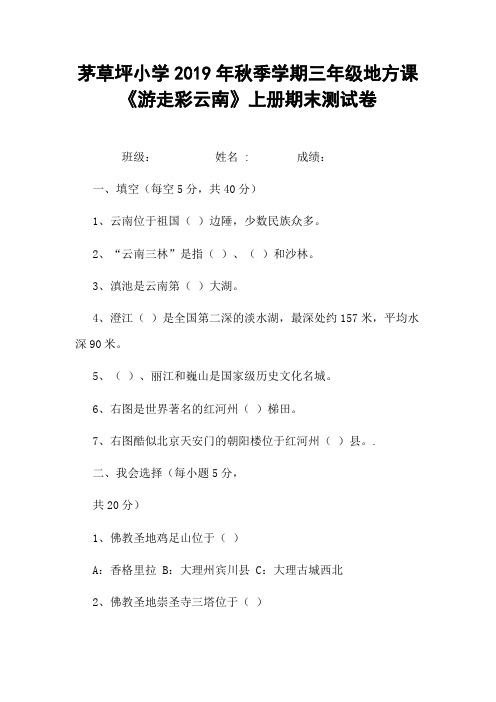三年级上册地方课程《游走彩云南》期末试卷