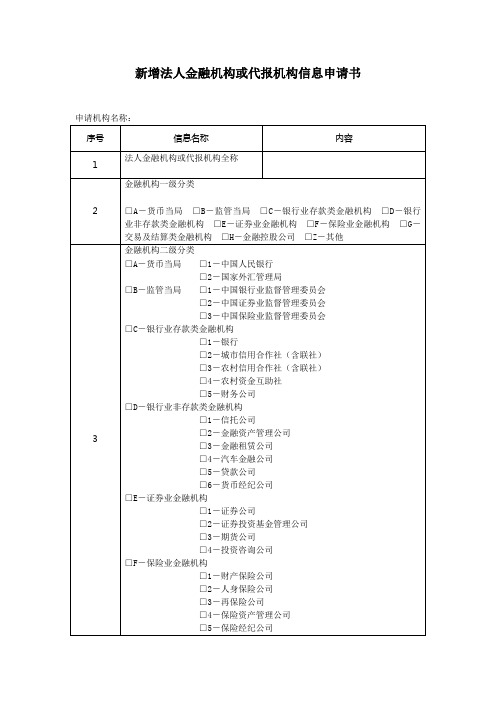 金融业机构管理规定中业务申请办理用表