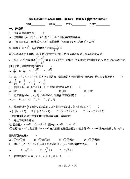 朝阳区高中2018-2019学年上学期高三数学期末模拟试卷含答案(1)