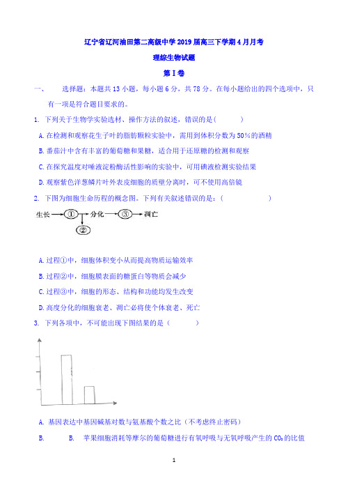 辽宁省辽河油田第二高级中学2019届高三下学期4月月考生物试题 Word版含答案