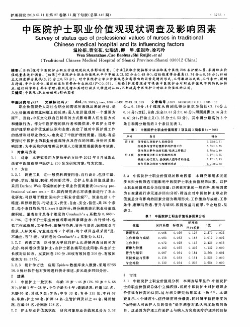 中医院护士职业价值观现状调查及影响因素