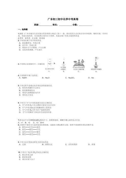 广东初三初中化学中考真卷带答案解析
